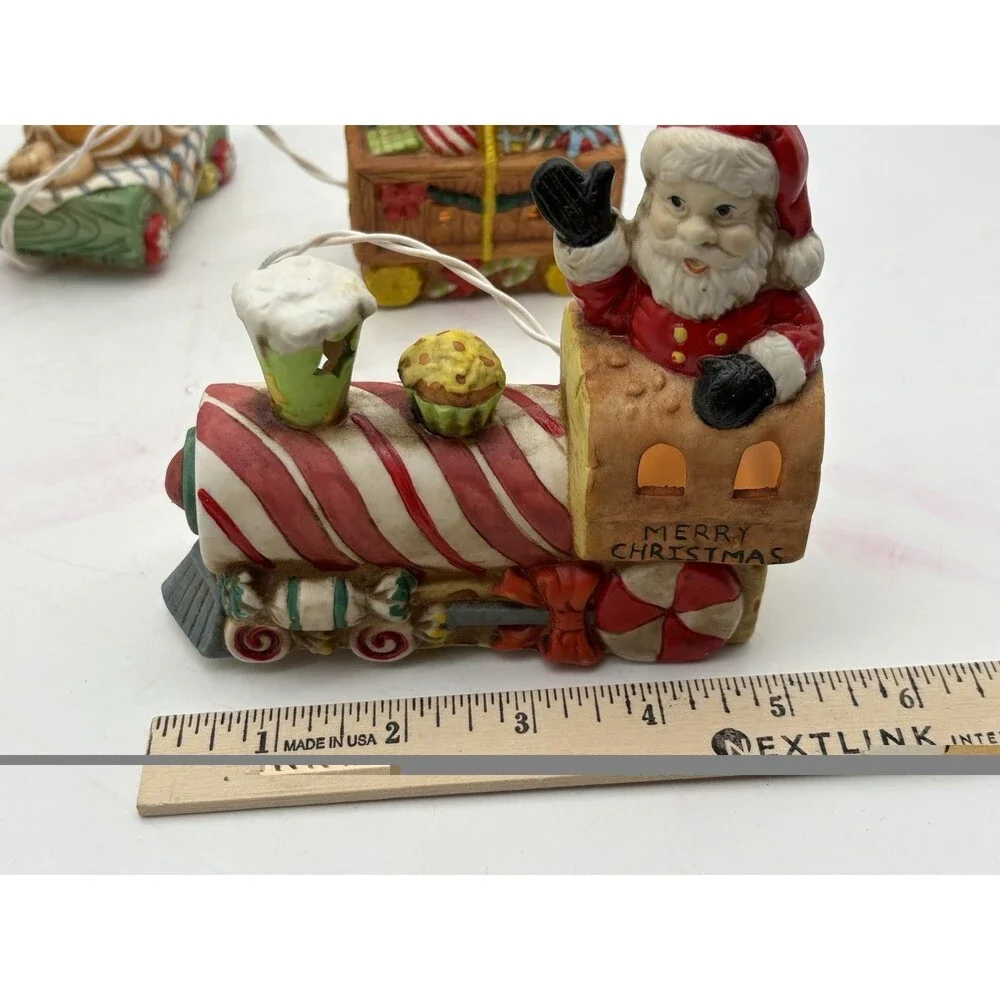 Vintage Santa Elf Christmas Lighted Train Set 5 Pc Ceramic Bisque w/ Box Works